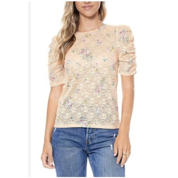 NWT Elodie Women's Floral Sheer Lace Short Ruched Sleeve Top In Peach, XS - Picture 3 of 5